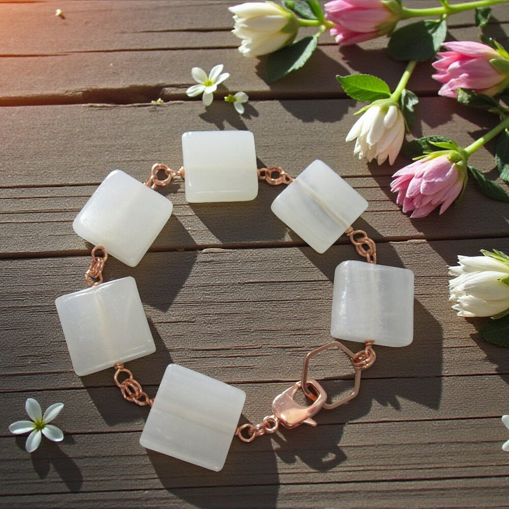 White Marble Bracelet, Geometric Stone Chain, Rose Gold